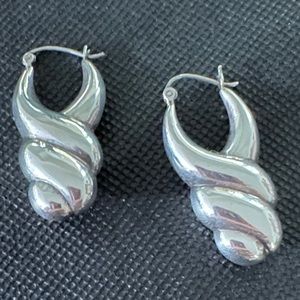 Vintage Modern Twisted Sterling Silver Earrings Elongated Hoop Pierced